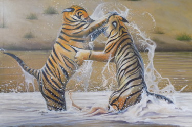 Painting titled "Tigers Fight" by Olaoluwa Smith, Original Artwork, Oil Mounted on Wood Stretcher frame