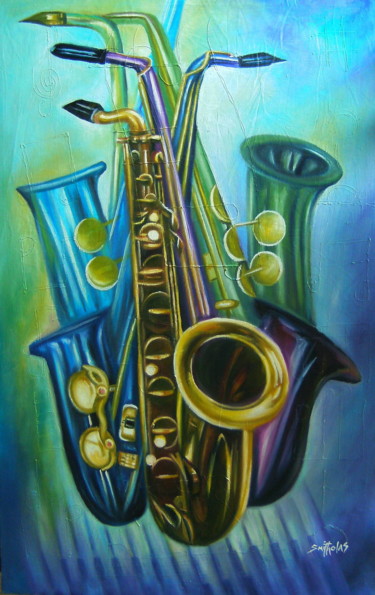 Malerei mit dem Titel "Saxophone Accord" von Olaoluwa Smith, Original-Kunstwerk, Öl