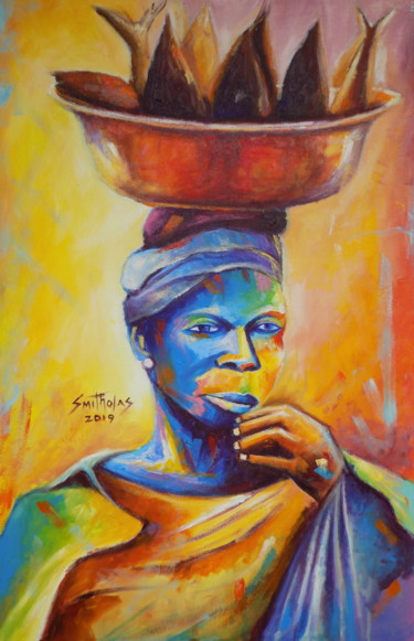 Schilderij getiteld "FISH  SELLER" door Olaoluwa Smith, Origineel Kunstwerk, Acryl