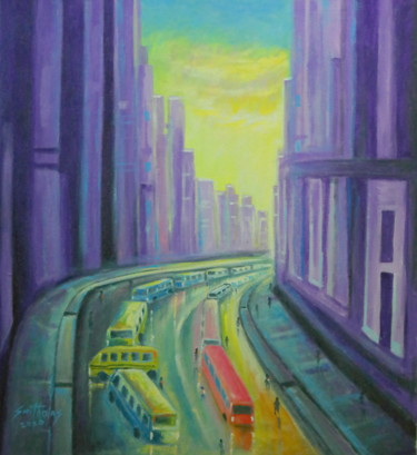 Schilderij getiteld "City of Lagos" door Olaoluwa Smith, Origineel Kunstwerk, Acryl