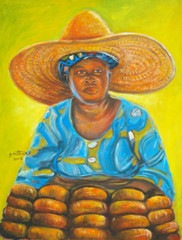 Painting titled "African Fish Seller" by Olaoluwa Smith, Original Artwork, Acrylic