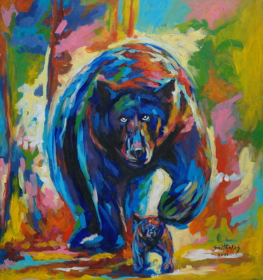 Peinture intitulée "Boar and Cub" par Olaoluwa Smith, Œuvre d'art originale, Acrylique
