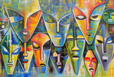 Malerei mit dem Titel "Rainbow Faces" von Olaoluwa Smith, Original-Kunstwerk, Acryl