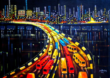 Malarstwo zatytułowany „Lagos at Night” autorstwa Olaoluwa Smith, Oryginalna praca, Akryl