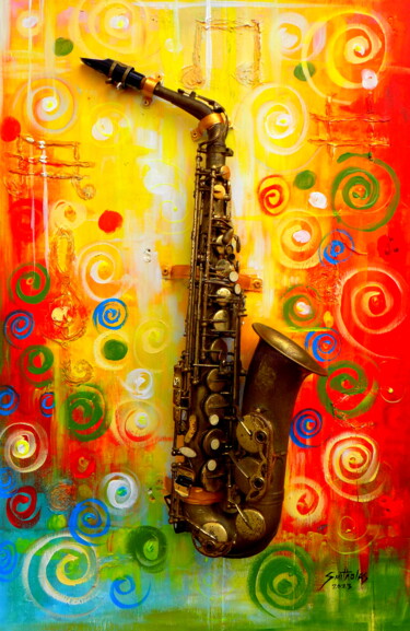 Jazz Mixed Media Saxophone Malarstwo zatytułowany „Jazz Mixed Media Sa…” autorstwa Olaoluwa Smith, Oryginalna praca, Akryl