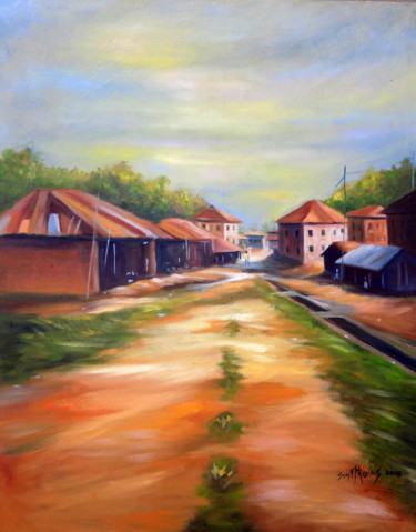 Картина под названием "village-landscape.j…" - Olaoluwa Smith, Подлинное произведение искусства, Масло