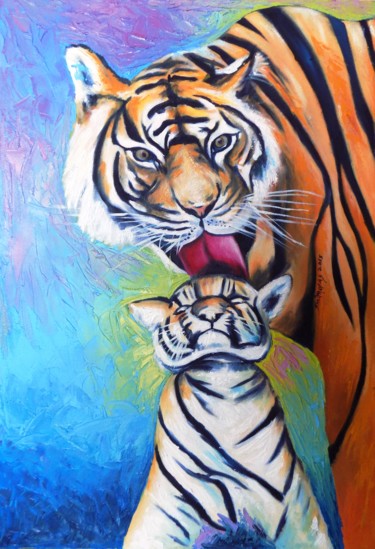 Painting titled "Tiger and Cub" by Olaoluwa Smith, Original Artwork, Oil