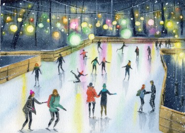 Peinture intitulée "Ice skating rink in…" par Evgeniya Mokeeva, Œuvre d'art originale, Aquarelle