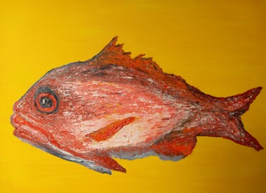 Painting titled "Der rote Fisch" by Ole Müller, Original Artwork, Oil Mounted on Wood Stretcher frame