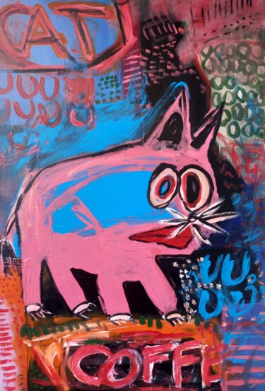 Картина под названием "Cat of Coffee" - Ole Müller, Подлинное произведение искусства, Акрил Установлен на Деревянная рама дл…
