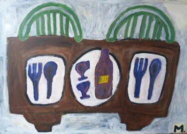Painting titled "Dinner at the table" by Ole Müller, Original Artwork, Acrylic Mounted on Wood Stretcher frame