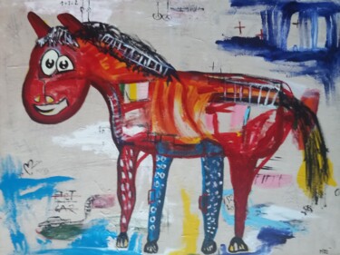 Malerei mit dem Titel "Das bunte Pferd" von Ole Müller, Original-Kunstwerk, Acryl Auf Keilrahmen aus Holz montiert
