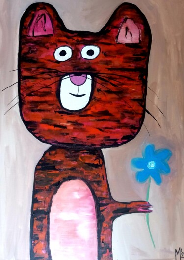 Schilderij getiteld "Katze mit Blume" door Ole Müller, Origineel Kunstwerk, Acryl Gemonteerd op Frame voor houten brancard