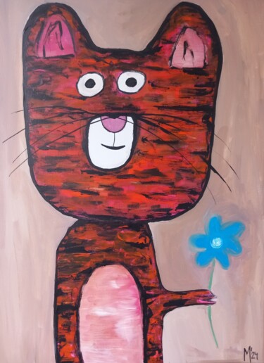 Malarstwo zatytułowany „Cat with Flower” autorstwa Ole Müller, Oryginalna praca, Akryl Zamontowany na Drewniana rama noszy