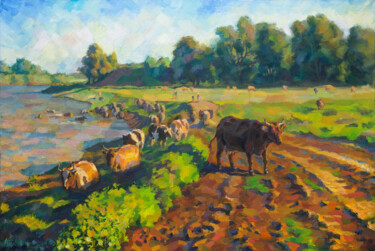 Painting titled "Village evening" by Oleg Abzalov, Original Artwork, Oil