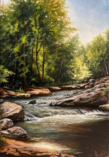 Painting titled "The forest water fl…" by Oleg Baulin, Original Artwork, Oil