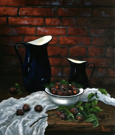 Painting titled "Still life with blu…" by Oleg Baulin, Original Artwork, Oil