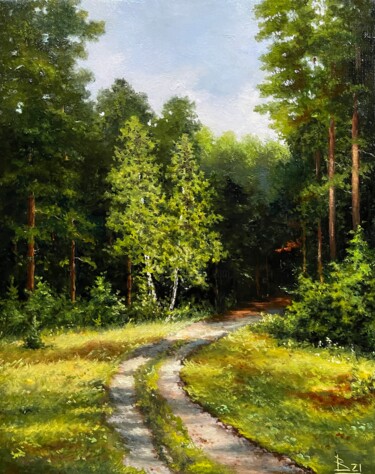Schilderij getiteld "Two Birch Trees" door Oleg Baulin, Origineel Kunstwerk, Olie