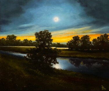 Pintura intitulada "Moonlit night" por Oleg Baulin, Obras de arte originais, Óleo