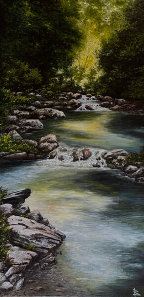 Painting titled "Forest water flow" by Oleg Baulin, Original Artwork, Oil Mounted on Wood Stretcher frame