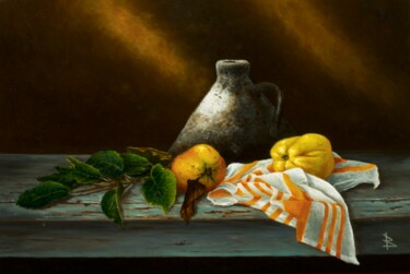 Painting titled "Still life with qui…" by Oleg Baulin, Original Artwork, Oil Mounted on Wood Stretcher frame