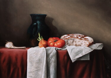 Painting titled "Bread with garlic" by Oleg Baulin, Original Artwork, Oil Mounted on Wood Stretcher frame