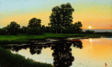 Painting titled "Evening at the pond" by Oleg Baulin, Original Artwork, Oil Mounted on Wood Stretcher frame