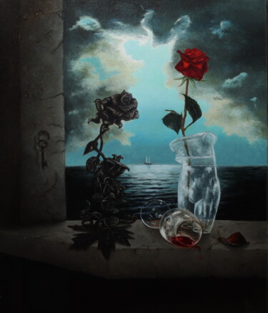 Schilderij getiteld "Spilled wine" door Oleg Baulin, Origineel Kunstwerk, Olie Gemonteerd op Frame voor houten brancard
