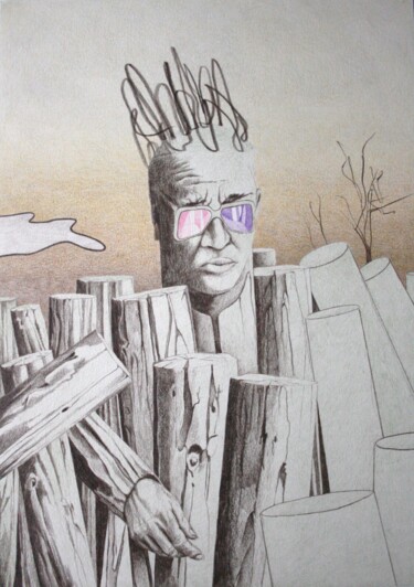 Peinture intitulée "Mann, Holz" par Oleg Breininger, Œuvre d'art originale, Crayon Monté sur Autre panneau rigide