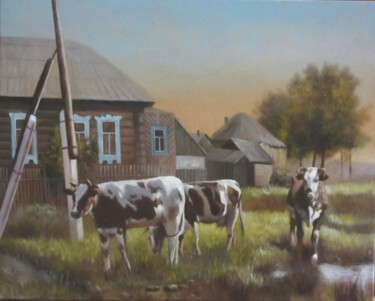 Pittura intitolato ""Коровье семейство"" da Oleg Dydyshko, Opera d'arte originale, Olio