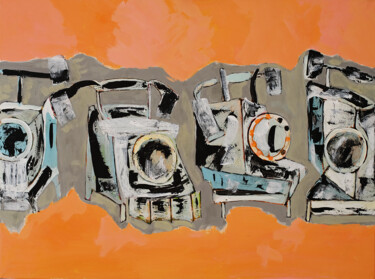 Pintura titulada "Phones on an orange…" por Oleg Kaplan, Obra de arte original, Acrílico