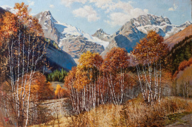 Painting titled "Autumn in Dombai" by Oleg Khoroshilov, Original Artwork, Acrylic Mounted on Wood Stretcher frame