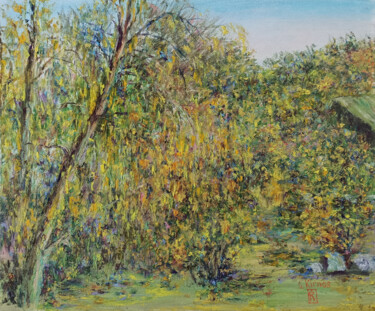 Peinture intitulée "Autumn yard" par Oleg Kirnos, Œuvre d'art originale, Huile