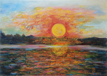 Painting titled "Spring sunset over…" by Oleg Kirnos, Original Artwork, Oil