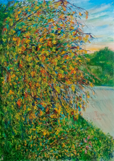 Painting titled "Autumn day sunset" by Oleg Kirnos, Original Artwork, Oil