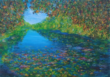 Malerei mit dem Titel "Autumn river view" von Oleg Kirnos, Original-Kunstwerk, Öl