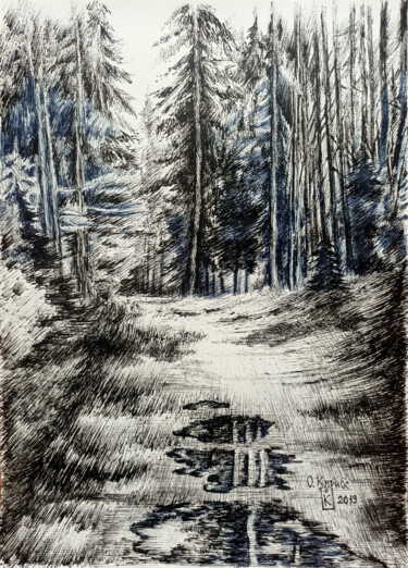 Drawing titled "Forest road" by Oleg Kirnos, Original Artwork, Ballpoint pen