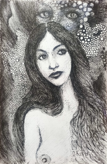 Drawing titled "A Nymph" by Oleg Kirnos, Original Artwork, Ballpoint pen