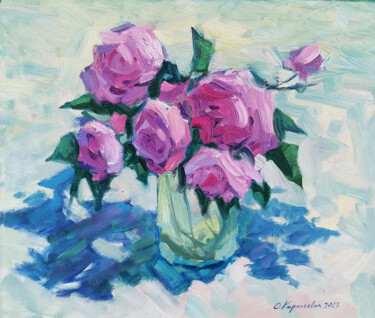 Картина под названием "Чайные розы" - Олег Короткевич, Подлинное произведение искусства, Масло Установлен на Деревянная рама…