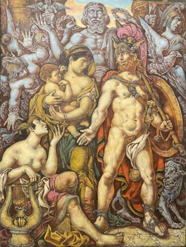 Pittura intitolato "Троя триптих левая…" da Oleg Litvinov, Opera d'arte originale, Olio