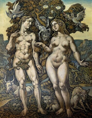 Schilderij getiteld "Адам и Ева" door Oleg Litvinov, Origineel Kunstwerk, Olie