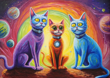 Schilderij getiteld "Космо кошки" door Oleg Lubitelev, Origineel Kunstwerk, Olie