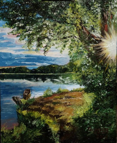 Painting titled "Закат на озере" by Oleg Osipov, Original Artwork, Oil