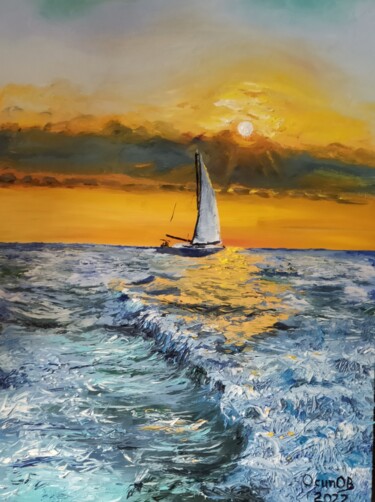 Картина под названием "Яхта на закате" - Олег Осипов, Подлинное произведение искусства, Масло