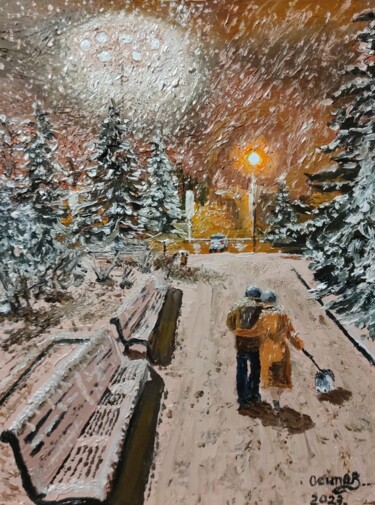 Картина под названием "Ночь. Улица.Фонарь.…" - Олег Осипов, Подлинное произведение искусства, Масло