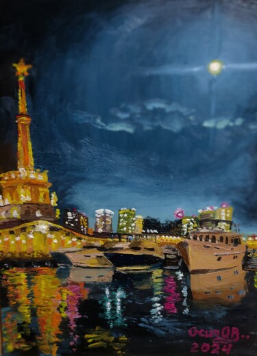 Картина под названием "Лунная ночь в морск…" - Олег Осипов, Подлинное произведение искусства, Масло