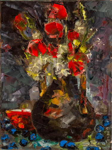 Painting titled "Wildflowers. Poppie…" by Oleg Sharapanovsky, Original Artwork, Oil Mounted on Wood Stretcher frame