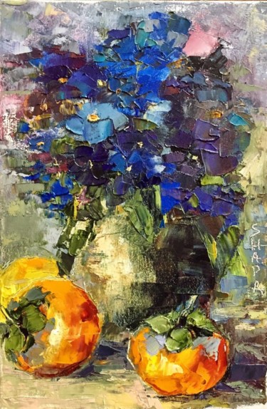 Картина под названием "Still life of viole…" - Oleg Sharapanovsky, Подлинное произведение искусства, Масло Установлен на Дер…