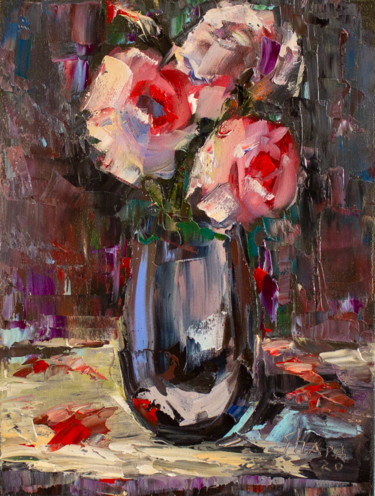 Peinture intitulée "Roses in a vase. St…" par Oleg Sharapanovsky, Œuvre d'art originale, Huile Monté sur Châssis en bois