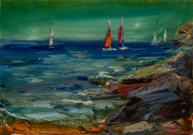 Картина под названием "Seascape. Sailboats" - Oleg Sharapanovsky, Подлинное произведение искусства, Масло Установлен на Дере…